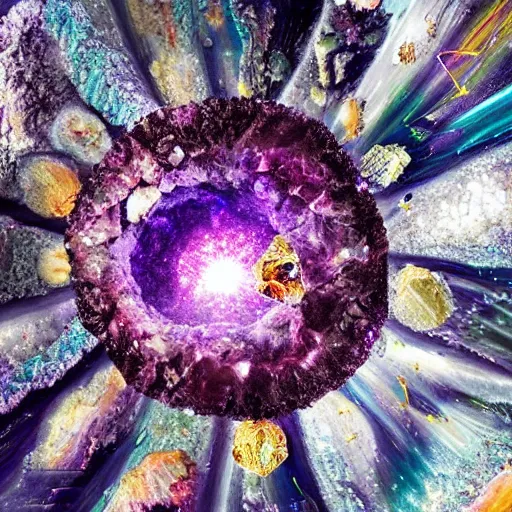 Image similar to Cracked open geode with crystals that depicts an intergalactic multiverse, insanely detailed , prizewinning , hyper-realistic , 4K ,