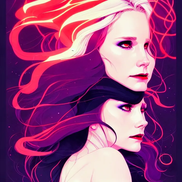 Image similar to style artgerm, joshua middleton, conrad roset, beautiful kristen bell with black dress, very long white hair, symmetrical face, symmetrical eyes, purple fire powers fire swirling, detailed, forest setting, cinematic lighting
