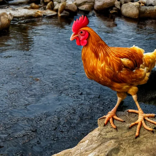 Prompt: chicken at the edge of a river