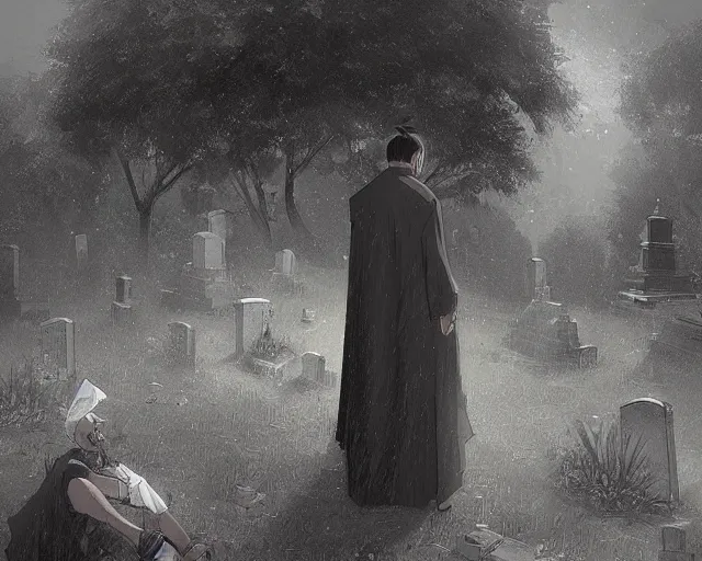 Prompt: a 50 year old brunnete chinese man leaning on the ground at a funeral in a cemetery next to the grim reaper, horror scene, dramatic, anime art, Greg Rutkowski, studio ghibli, dramatic lighting