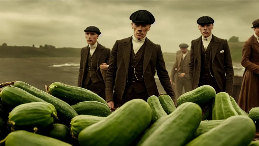 Prompt: the peaky blinders cucumbers coming out of the ocean film still from the movie directed by denis villeneuve with art direction by zdzis