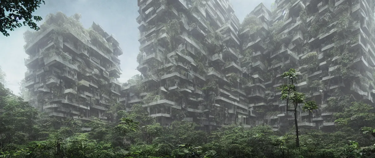 Prompt: brutalist architecture inspired by louis kahn deep in the rainforest. nature is taking over. matte painting by ivan laliashvili. unreal engine 5 render. color scheme blueish. hard shadows. cinematic.