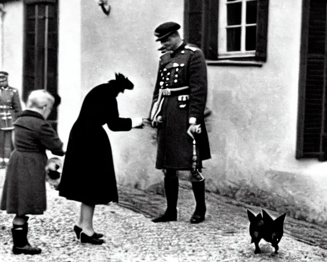 Image similar to ultra wide 1 9 4 6 blurry historical photo of a single german general bowing to a young queen elizabeth in a french village, her corgis are nearby highly detailed, sharp focus