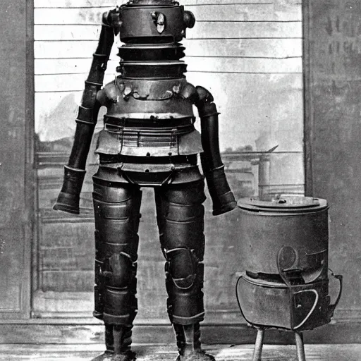 Image similar to a photograph from 1890 of mech suit made out of a cast iron potbelly stove