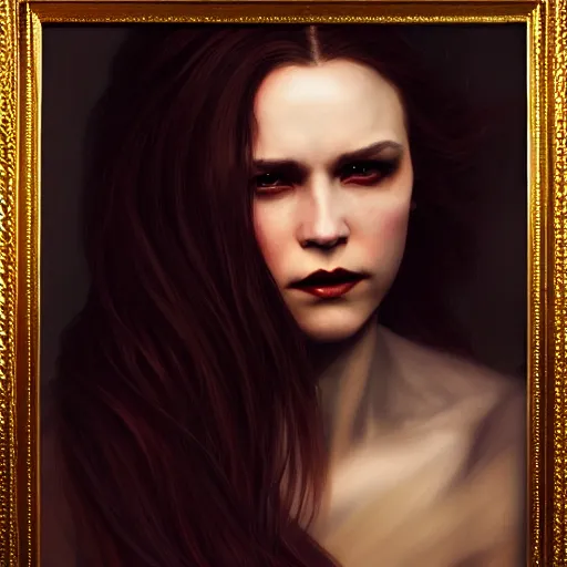 Image similar to majestic gracious regal aristocratic brunette female vampire portrait, atmospheric lighting, painted, menacing, intricate, volumetric lighting, beautiful, rich deep colours masterpiece, golden hour, sharp focus, ultra detailed, by leesha hannigan, ross tran, thierry doizon, kai carpenter, ignacio fernandez rios