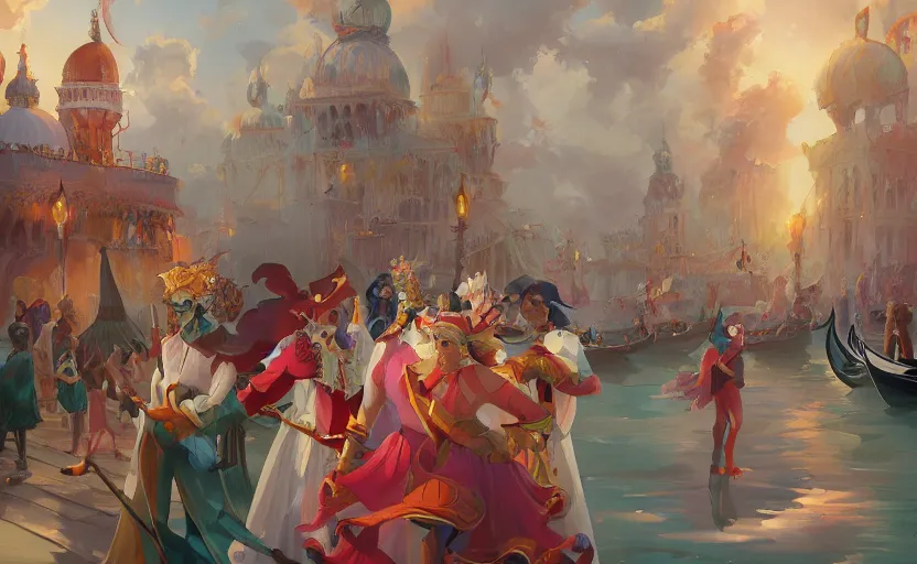 Prompt: the enchanted venice carnival dream with dancing masked people, behance hd artstation by jesper ejsing, by rhads, makoto shinkai and lois van baarle, ilya kuvshinov, ossdraws