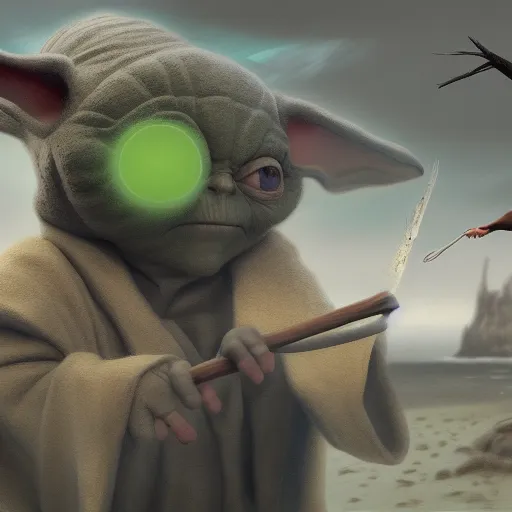 Image similar to Yoda smacking a seagull with a stick, hyperdetailed, artstation, cgsociety, 8k