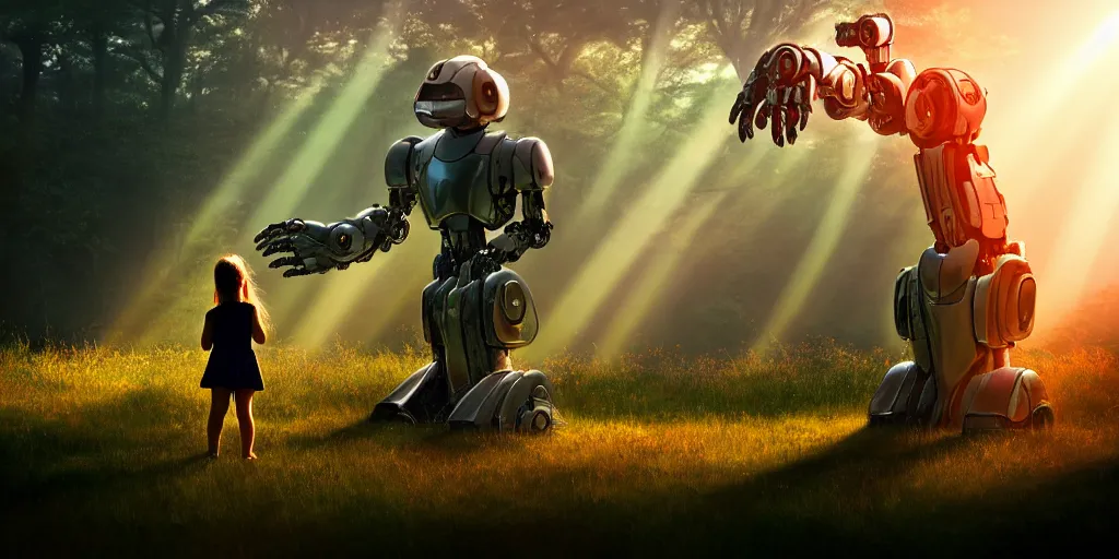 Image similar to sci - fi scene future new york, little girl alone holding onto the outstretched hand of a giant robot, forest punk, little girl meets robot, crepuscular rays, epic scene, hyper realistic, photo realistic, overgrowth, cinematic atmosphere, ethereal lighting,