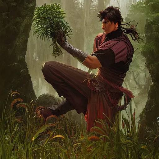 Prompt: An epic fantasy comic book style portrait of a fantasy male martial arts expert, temple ruins surrounded by lush meadow and big pines, intricate, elegant, highly detailed, digital painting, artstation, concept art, matte, sharp focus, illustration, art by Artgerm and Greg Rutkowski and Alphonse Mucha
