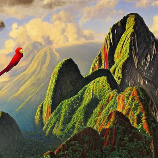 Prompt: super detailed and realistic painting of a super realistic colorful parrot flying over a island, puffy clouds, rainforest, lost city, machu picchu, by dan mumford and albert bierstadt, andrzej sykut, abraham pether and alexander jansson and albert bierstadt and pixar, golden ratio, ultrawide angle, f 3 2