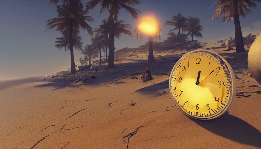 Image similar to melting clocks hanging out to dry on the beach, 8 k ultra realistic, lens flare, atmosphere, glow, detailed, intricate, full of colour, cinematic lighting, trending on artstation, 4 k, hyperrealistic, focused, extreme details, unreal engine 5, cinematic, masterpiece