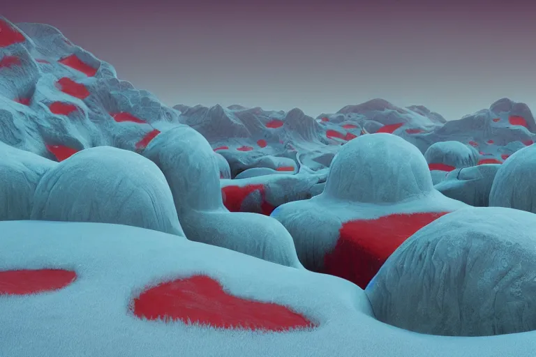 Image similar to a hd render of a surreal frozen landscape, cinematic lighting, by beeple and zdzisław beksinski, red color scheme