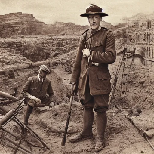 Image similar to ultra detailed photorealistic sepia - toned photograph from 1 9 1 7, a british officer in field gear standing at an archaeological dig site at petra, ultra realistic, painted, intricate details, lovecraft, atmospheric, dark, horror, brooding, highly detailed, by angus mcbride