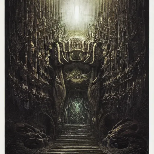 Image similar to the throne of illusion | highly detailed matte painting, hyperrealistic, very intrincate | cinematic lighting, award - winning | by rachel ruysch, giger, beksinski and bocklin | by austin osman spare and william blake, trending on artstation, cgsociety, official art, octane.