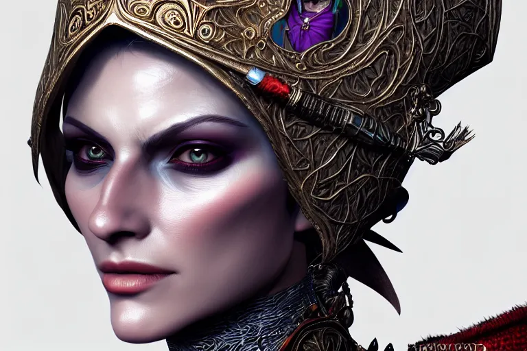 Image similar to a full portrait of a beautiful woman wearing, wearing extremely detailed attire, slim complexity, extremely detailed eyes, medievil, dnd, extremely detailed, high quality, trending on artstation, photo realistic