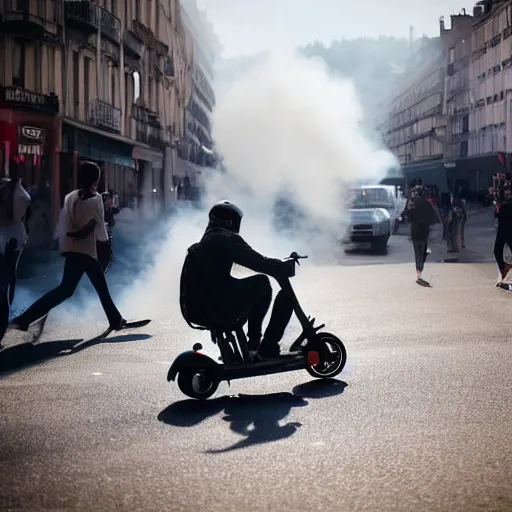 Prompt: a guy doing a burnout on an electric scooter in the streets of Vichy