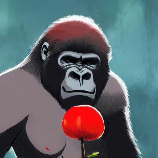Prompt: gorilla wearing a black shirt, holding a red mushroom, landscape illustration concept art anime key visual trending pixiv fanbox by wlop and greg rutkowski and makoto shinkai and studio ghibli and kyoto animation