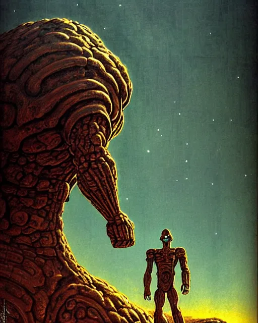 Prompt: portrait giant colossus humanoid with his fist up, brown armor, background ancient alien landscape, low angle, close up, concept art, intricate details, highly detailed, vintage sci - fi poster, retro future, vintage sci - fi art, in the style of chris foss, rodger dean, moebius, michael whelan, and gustave dore