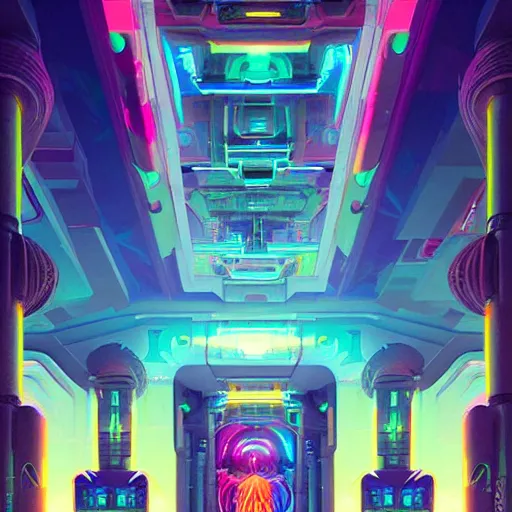 Image similar to street view of a cybernetic temple, vaporwave aesthetic, colorful, psychedelic, digital painting, artstation, concept art, smooth, sharp focus, illustration, art by artgerm and greg rutkowski and alphonse mucha