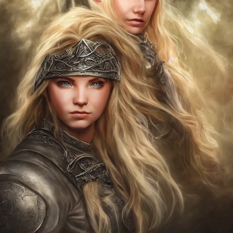 Image similar to extremely detailed fantasy art of a cute blonde female, lord of the rings style, poster, full figure, fantasy, 8 k