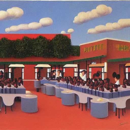 Prompt: A painting of a hawker centre by Rene Magritte