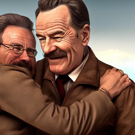 Image similar to Bryan Cranston hugging Stalin, 4k, photorealistic, hd, realistic, insanely detailed