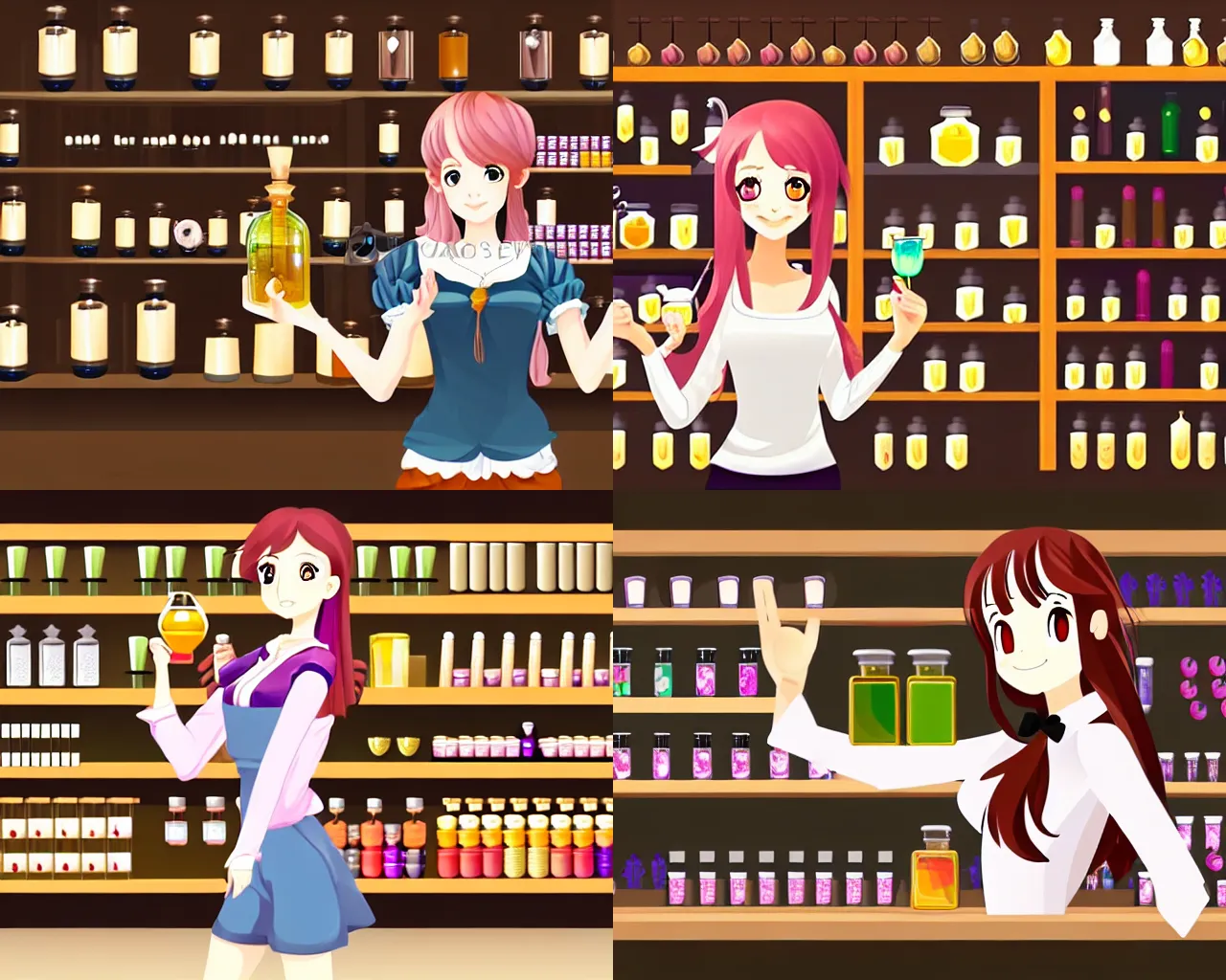 Prompt: portrait of a young woman in a alchemist's potion shop interior shopping, cute face, dynamic pose and perspective, detailed facial features, anime frames