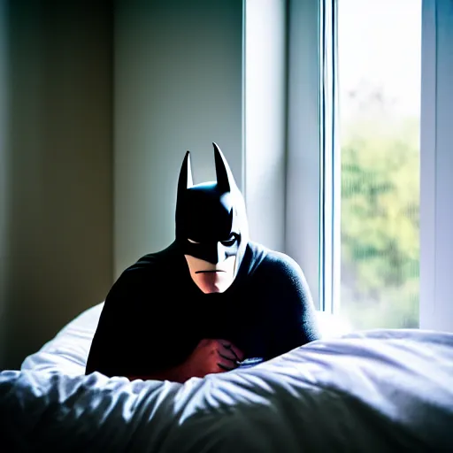 Image similar to man sleeping in bed with white tentacle mask with batman lurking menacingly in the window