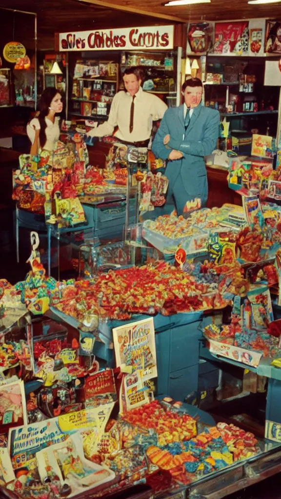 Image similar to 6 0 s photo of a business man in a candy shop on a remote island, kodachrome