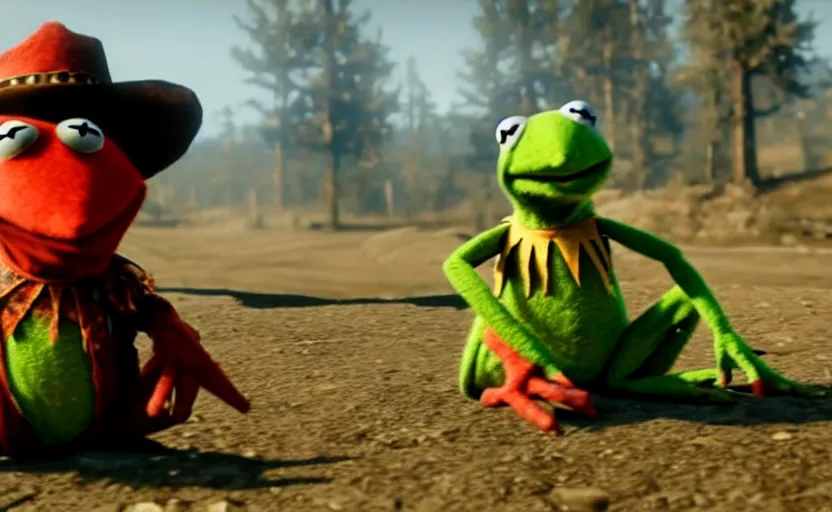 Image similar to kermit the frog in red dead redemption 2, cinematic shot