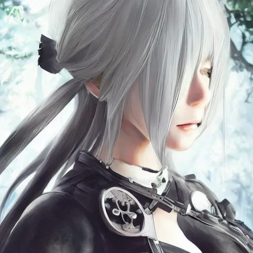 Image similar to beautiful portrait of 2B from nier automata, forest, junkyard, pretty, semi realistic anime, hyper detailed, 8k, DeviantArt, Instagram, Behance, Artstation, trending on artstation, Pixiv, Pixiv daily ranking, art of silverfox, Yee Chong Silverfox, Sydney Hanson, Mickael Lelièvre, Jaeyeon Nam, derevschikova, Elina Karimova