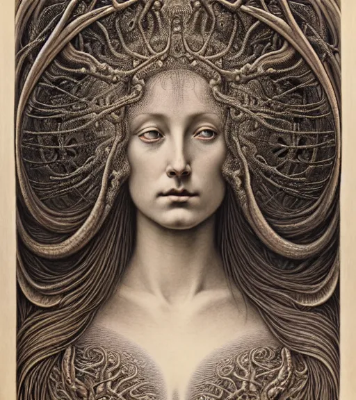 Prompt: detailed realistic beautiful dusk goddess face portrait by jean delville, gustave dore, iris van herpen and marco mazzoni, art forms of nature by ernst haeckel, art nouveau, symbolist, visionary, gothic, neo - gothic, pre - raphaelite, fractal lace, intricate alien botanicals, ai biodiversity, surreality, hyperdetailed ultrasharp octane render