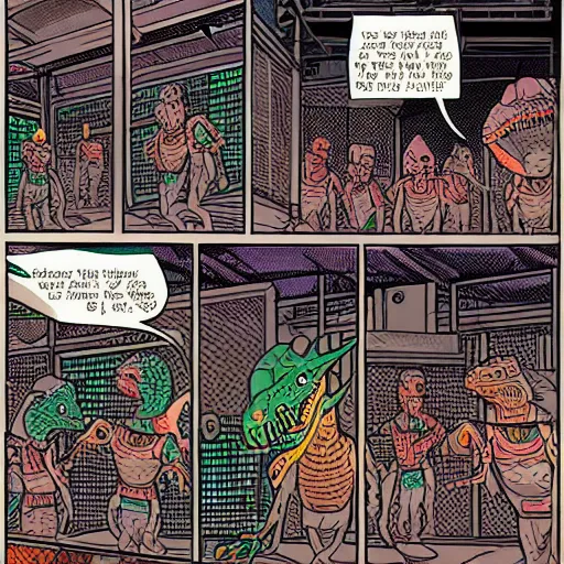 Image similar to intricate detailed comic panel illustration of cyborg punk street kids with a pet dinosaur in a warehouse rave, no speech bubbles, dystopian, cyberpunk, full-color