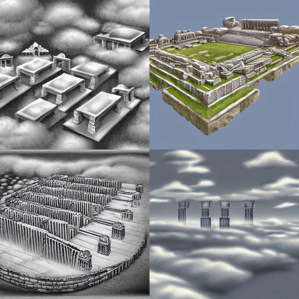 Prompt: Ancient-greek Temples floating on clouds. Bird's eye view. Detailed, realistic, digital rendering.