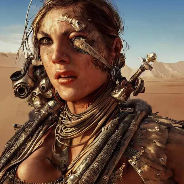 Image similar to woman warrior from mad max, sunny desert, gorgeous, elegant, young gravure idol, an ultrafine hyperdetailed illustration by kim jung gi, irakli nadar, intricate linework, bright colors, unreal engine 5 highly rendered, global illumination, radiant light, detailed and intricate environment