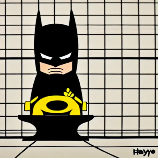 Image similar to dramatic angle drawing of constipated batman sitting on a toilet with pants down, sweating, tiny room with dirty wall tiles, by hayao miyazaki, super detailed, 4 k