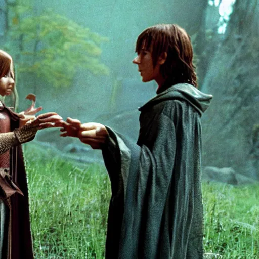 Image similar to a young wizard casting the charm person spell on a wood elf, frame from the dungeons and dragons movie