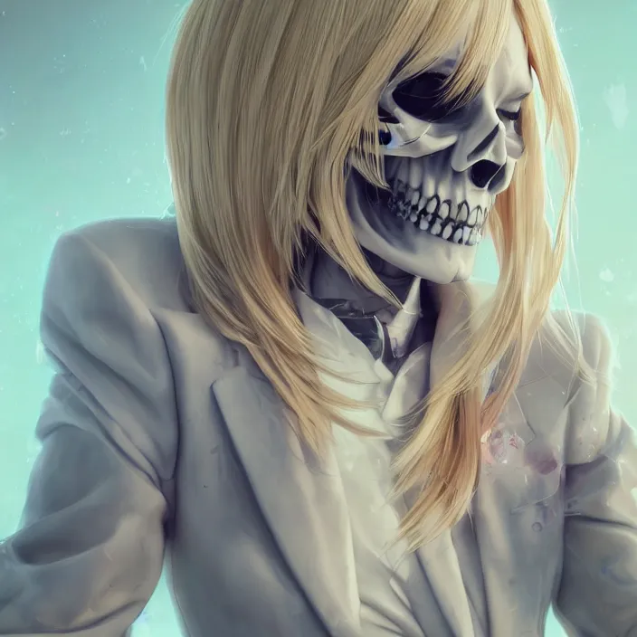 Prompt: portrait of blonde anime girl as a skull in a suit. intricate abstract. intricate artwork. nightmare fuel. by Tooth Wu, wlop, beeple, dan mumford. octane render, trending on artstation, greg rutkowski very coherent symmetrical artwork. cinematic, hyper realism, high detail, octane render, 8k, iridescent accents