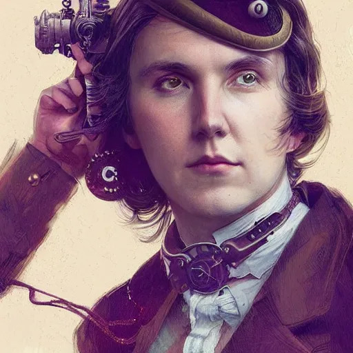 Image similar to portrait of paul dano, steampunk, fantasy, elegant, intricate, highly detailed, digital painting, artstation, matte, deep focus, art by artgerm and greg rutkowski and alphonse mucha