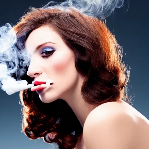 Prompt: a beautiful white skinned brunette smoking a cigarette. Billowing multicolored smoke. Medium format close-up publicity shot.