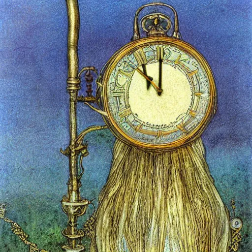 Prompt: clockwork figure, golden hour, illustration by Brian Froud and John Bauer