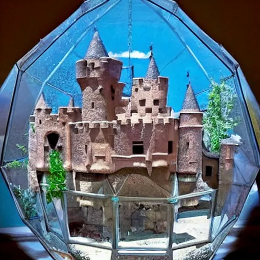 Image similar to real life castle inside a giant terrarium on the moon