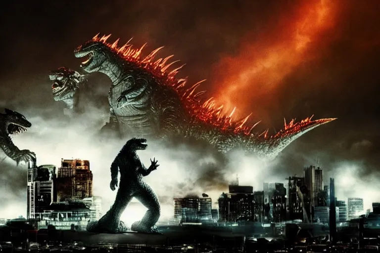 Image similar to godzilla playing the drumset, rock music, concert lights, dynamic photo, still shot from the new godzilla movie