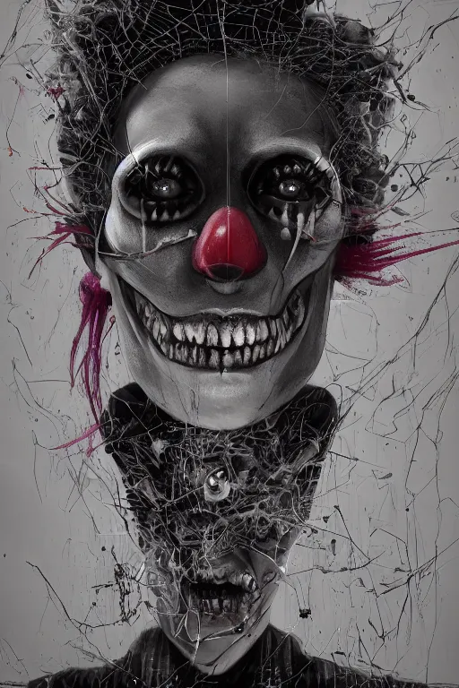 Prompt: portrait of a creepy clown girl skull. intricate abstract. intricate artwork. nightmare fuel. terrifying. by Tooth Wu, wlop, beeple, dan mumford. octane render, trending on artstation, greg rutkowski very coherent symmetrical artwork. cinematic, hyper realism, high detail, octane render, 8k, iridescent accents, black and white