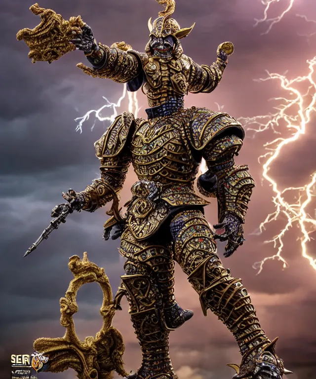 Image similar to hyperrealistic rendering, epic ornate supreme demon overlord, jewel crown, war armor battle, by art of skinner and richard corben, product photography, collectible action figure, sofubi, hottoys, storm clouds, outside, lightning