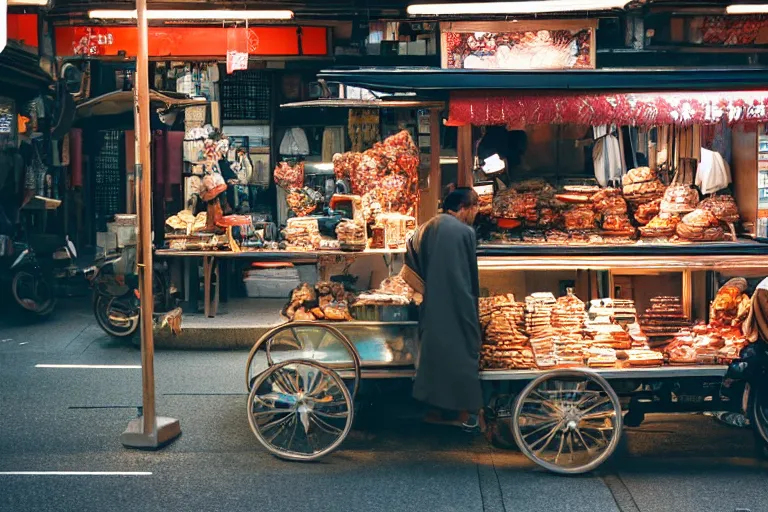 Prompt: cinematography of a Kyoto street vendor by Emmanuel Lubezki