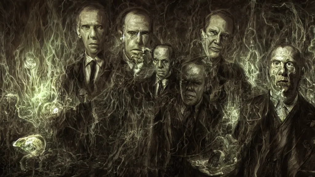 Prompt: Jorge Luis Borges and Howard Phillips Lovecraft with eldritch beings in his hand, 8K, concept art, filmic, HDR, hyperrealism, volumetric lighting, horror, Dark art