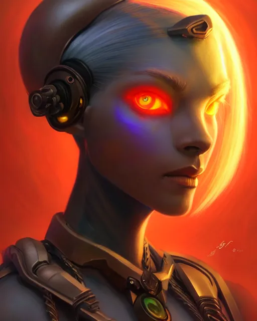 Image similar to sojourn from overwatch, bust, dreadlocks, gray hair, cyborg eyes, fantasy, fantasy art, fantasy, colorful, elegant, character portrait, portrait, close up, highly detailed, intricate detail, amazing detail, sharp focus, vintage fantasy art, vintage sci - fi art, radiant light, caustics, by boris vallejo