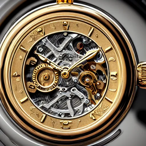 Prompt: a macro photo of a gold and silver mechanical wristwatch, close - up, intricately detailed engravings, intricately detailed markings, intricate textures, warm lighting, vivid colors, realistic octane render, hyper realistic render, volumetric shading, depth of field, raytracing, 8 k,