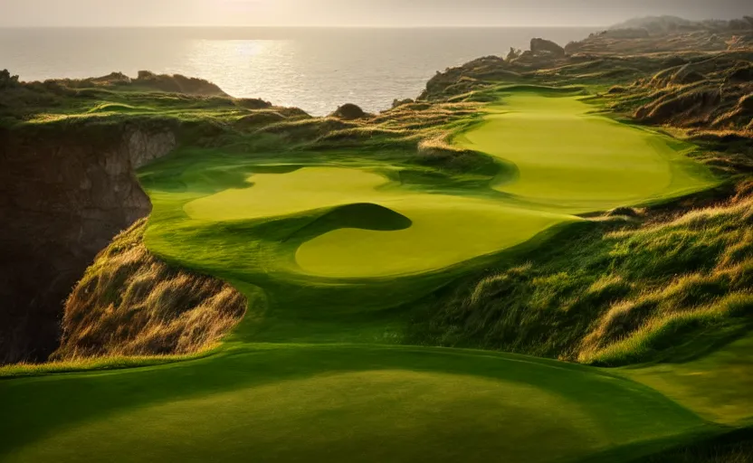 Image similar to a great photograph of the most amazing golf hole in the world, incredible light, cliffs by the sea, perfect green fairway, human perspective, ambient light, 5 0 mm, golf digest, top 1 0 0, fog